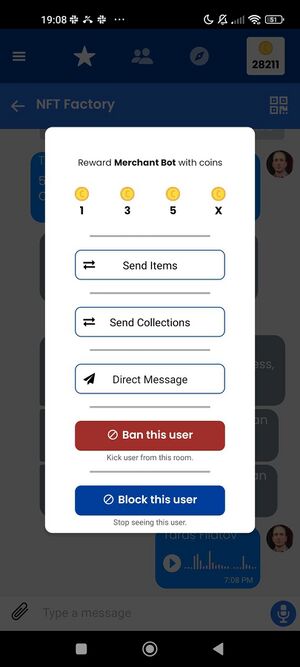 showing options available in Message menu including sending Coins, NFT items, kicking or blocking the user etc