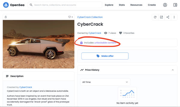 Rich NFT OpenSea listing - shows the "unlockable content" option